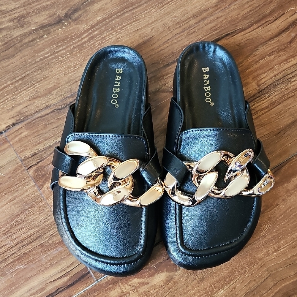 MISS LOLA BAMBOO Chunky Chain Detail Black Slip On Flats Size 6